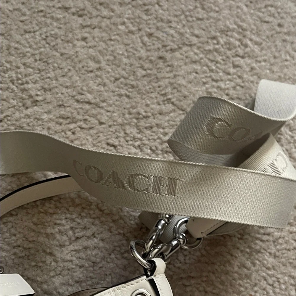 Coach Chalk Color Leather Mini Drawstring Bucket Bag with Logo Strap - Picture 5 of 10